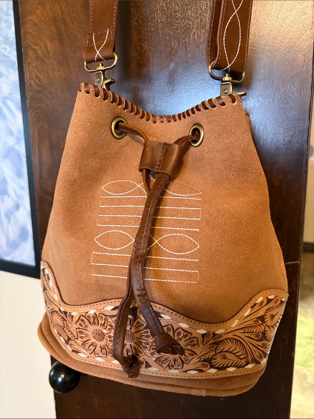 Suede Drawstring Bucket Bag in Tan